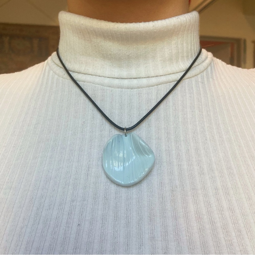 Handmade Polymer Clay Light Blue Pearl Ridged Pendant Necklace